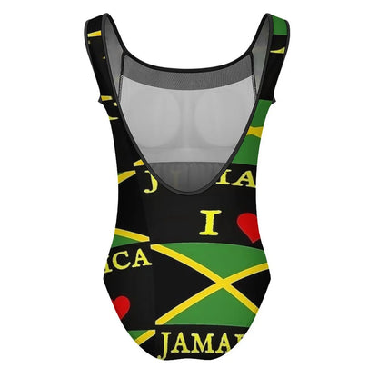 One-piece swimsuit with Jamaican flag design on a white background