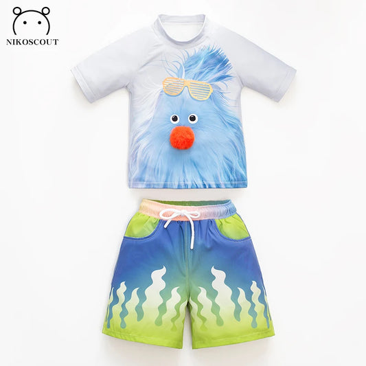 Children's swimsuit set with cartoon character design on a white background