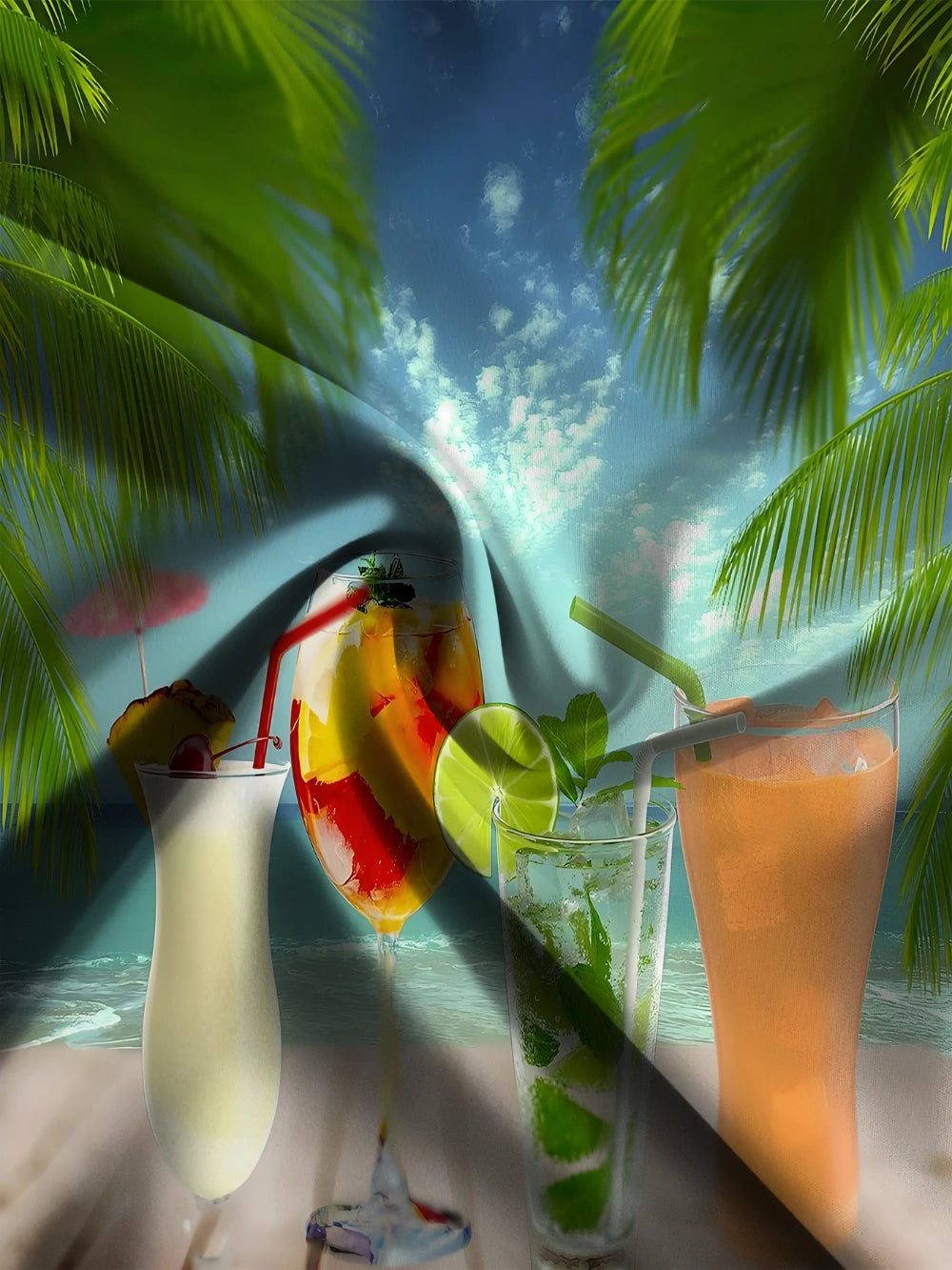 Tropical drinks with fruit and leaves on a beach setting