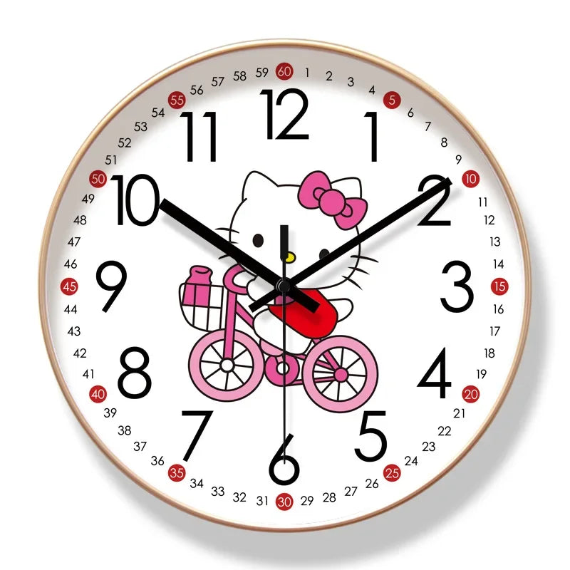 Wall clock with a cartoon character riding a bicycle on a white background