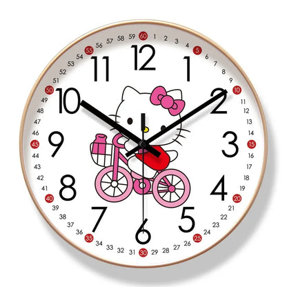 Wall clock with a cartoon character riding a bicycle on a white background