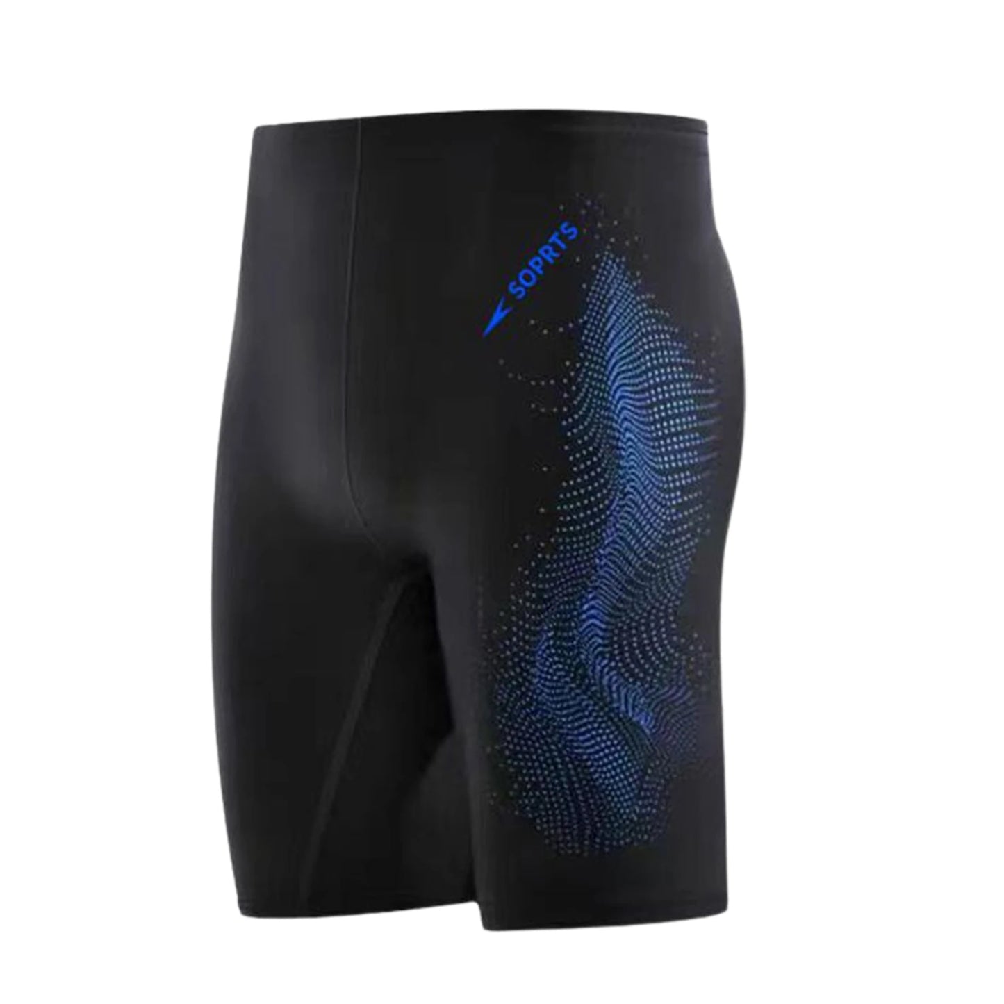 Black swim shorts with blue pattern and branding on a white background
