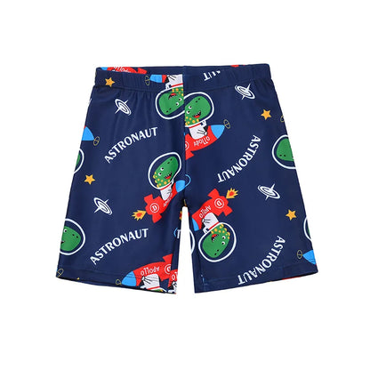 Navy blue shorts with astronaut pattern on a white background