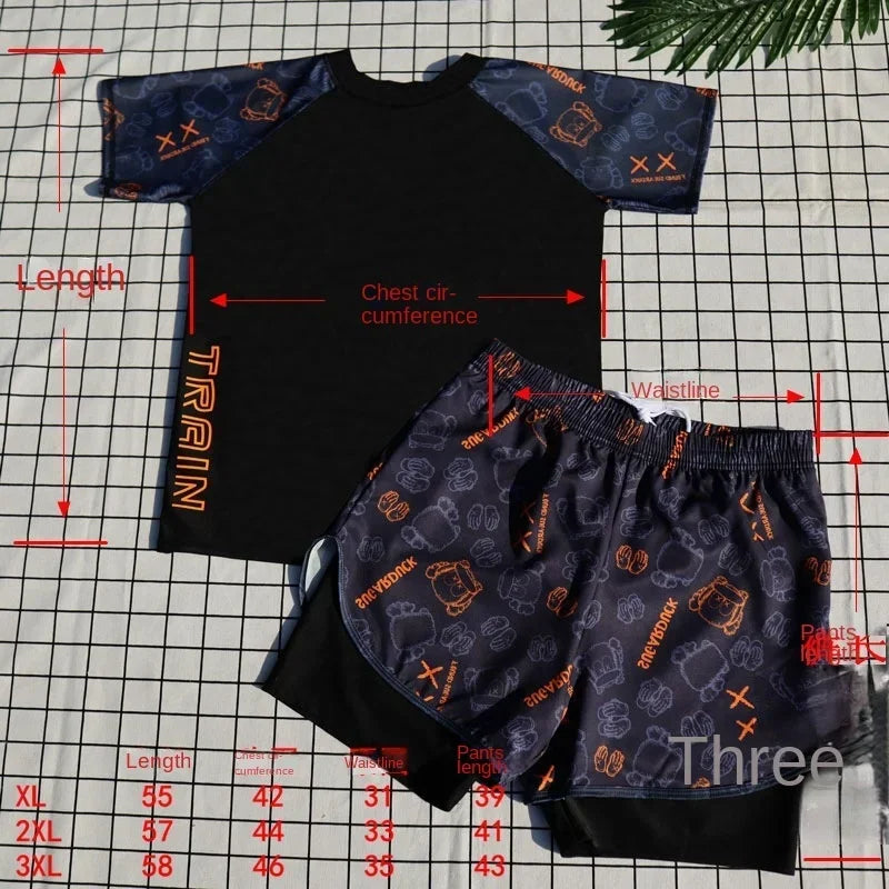 Black t-shirt and shorts with pattern on a grid background with measurements.