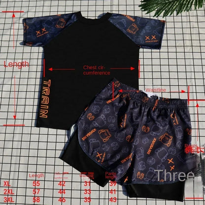 Black t-shirt and shorts with pattern on a grid background with measurements.