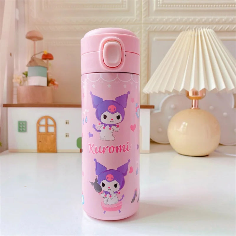 Pink water bottle with cartoon character design on a white surface