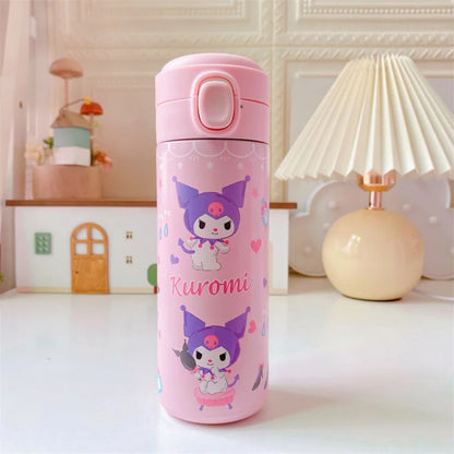 Pink water bottle with cartoon character design on a white surface