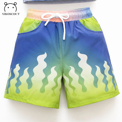 Colorful swim shorts with a gradient design on a white background, featuring the brand 'Nikoscout'.