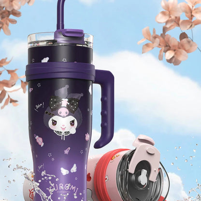 Purple tumbler with cartoon design and straw on a blue sky background