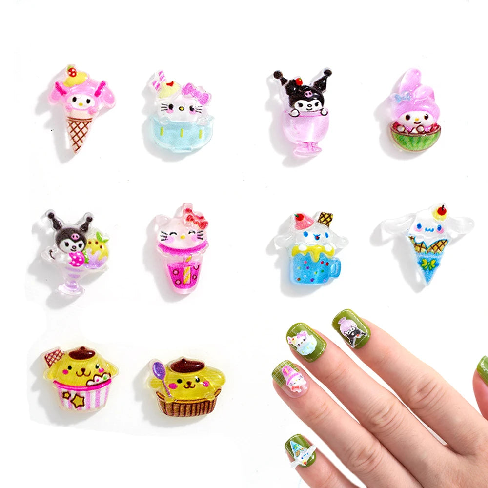 Set of cartoon nail art designs on a white background