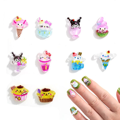 Set of cartoon nail art designs on a white background