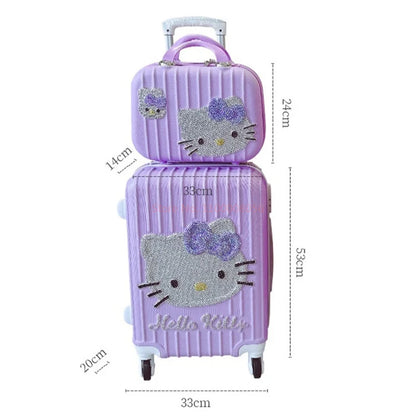Purple suitcase with Hello Kitty design and measurements on a white background