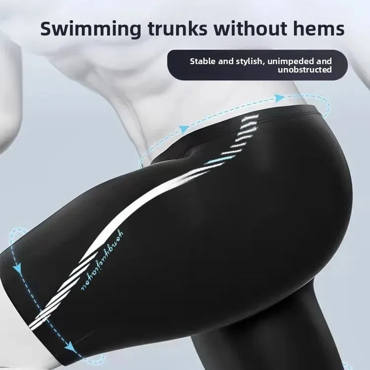 Black swim shorts with a white and blue stripe on a white background