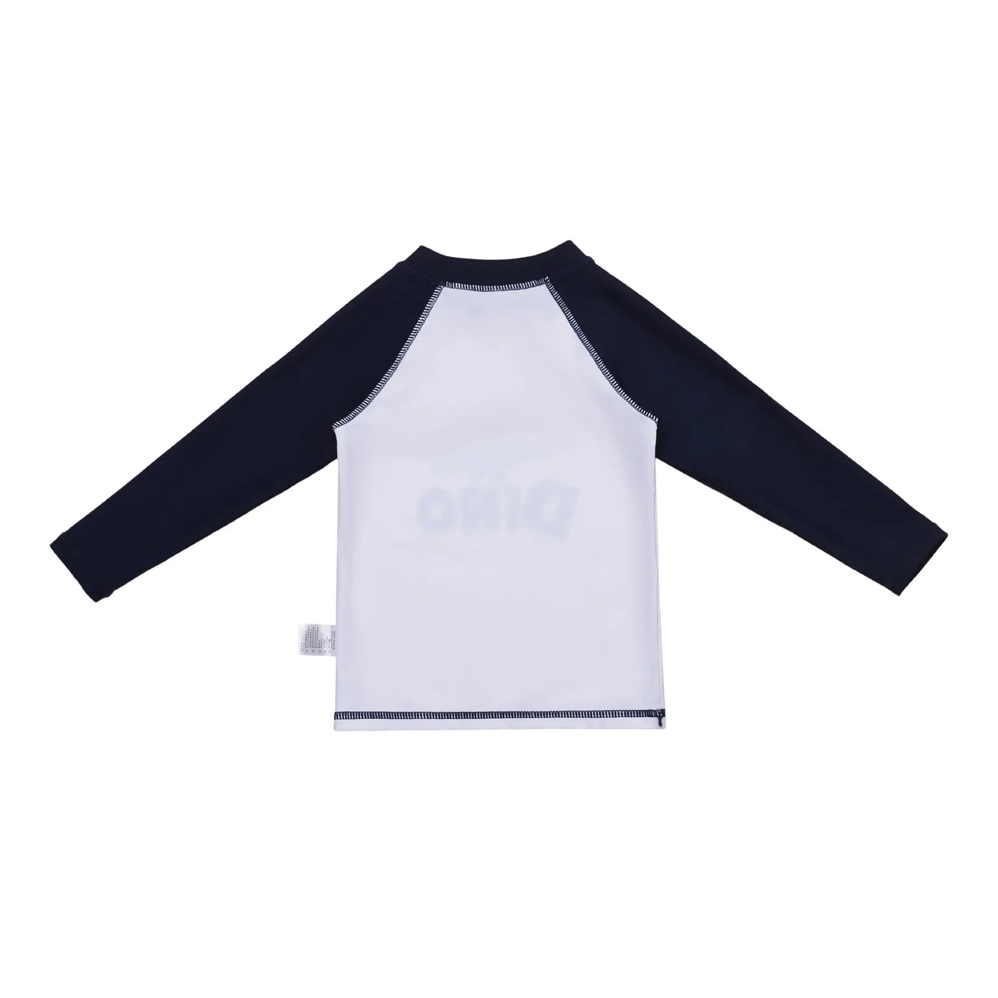 Long-sleeve shirt with navy sleeves and white body on a white background