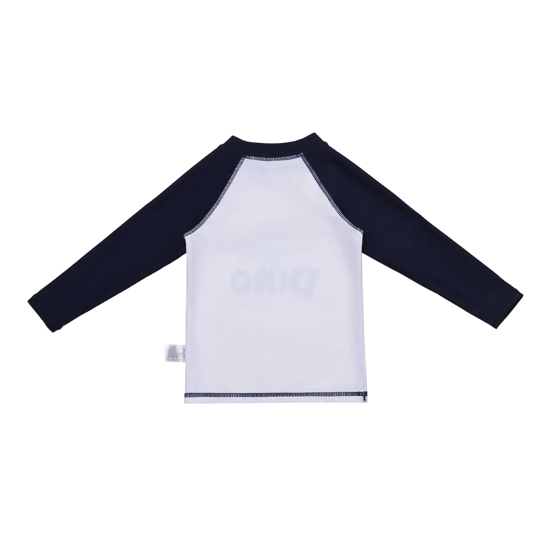 Long-sleeve shirt with navy sleeves and white body on a white background