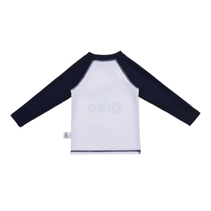 Long-sleeve shirt with navy sleeves and white body on a white background