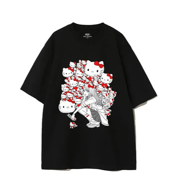 Black t-shirt with cartoon character design on a white background