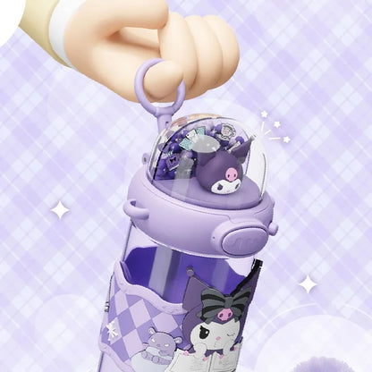 Purple character-themed tumbler held by a hand on a matching purple background