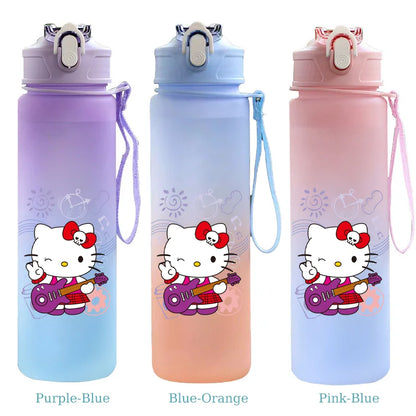 Three gradient water bottles with Hello Kitty design on a white background
