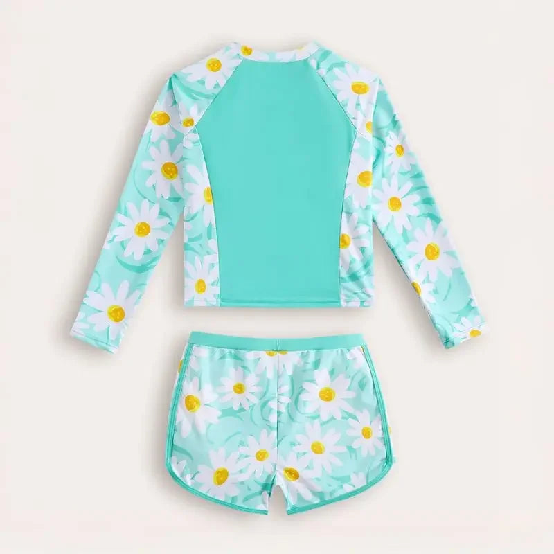 Children's two-piece swimsuit with daisy pattern on a light gray background