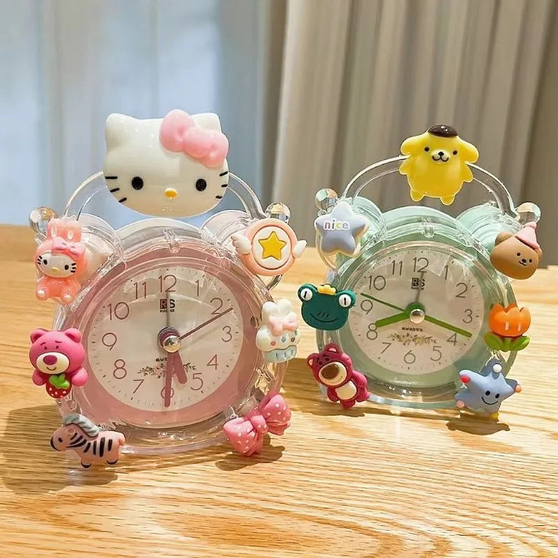 Two decorative clocks with cartoon character designs on a wooden surface.
