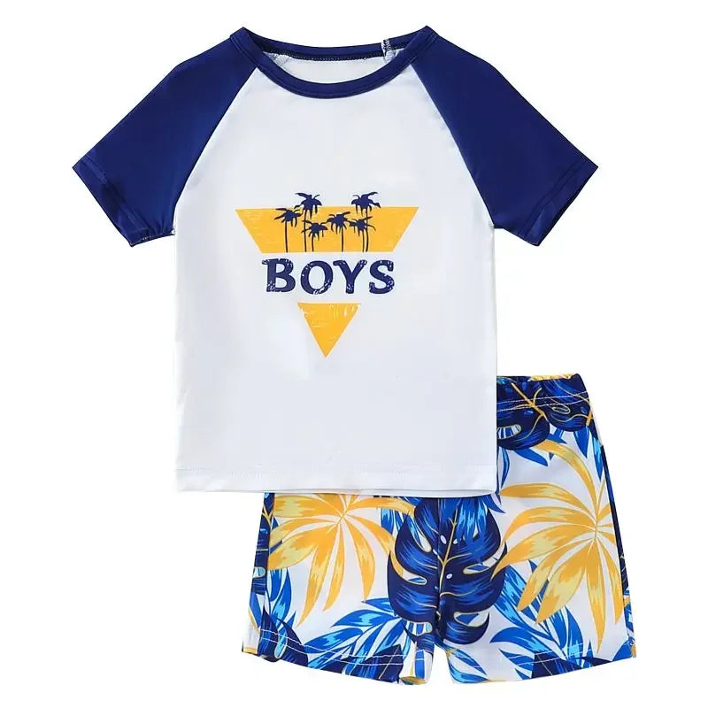 Children's outfit with a white and blue shirt and colorful shorts on a white background