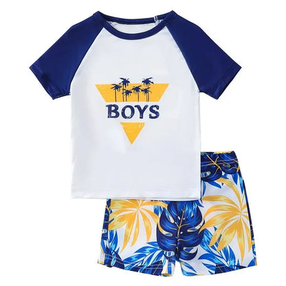 Children's outfit with a white and blue shirt and colorful shorts on a white background