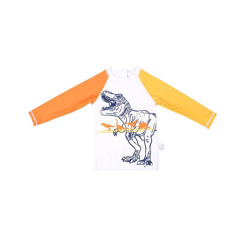 Children's shirt with dinosaur design and orange sleeves on a white background