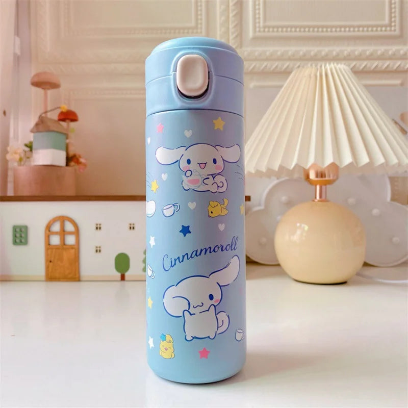 Cinnamoroll-themed water bottle on a table with a decorative background