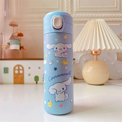 Cinnamoroll-themed water bottle on a table with a decorative background