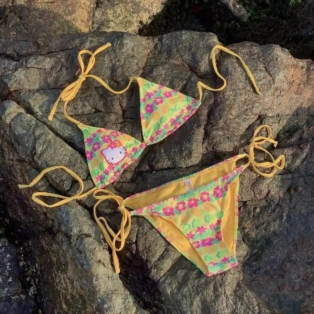 Floral bikini set on rocks