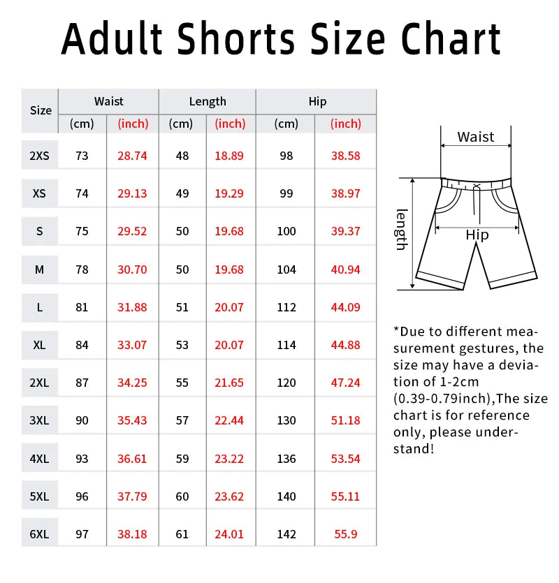 Adult shorts size chart with measurements in centimeters and inches.
