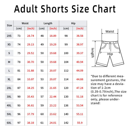 Adult shorts size chart with measurements in centimeters and inches.