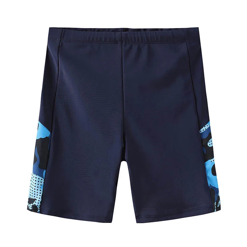 Navy shorts with blue and black pattern on a white background