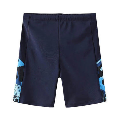 Navy shorts with blue and black pattern on a white background