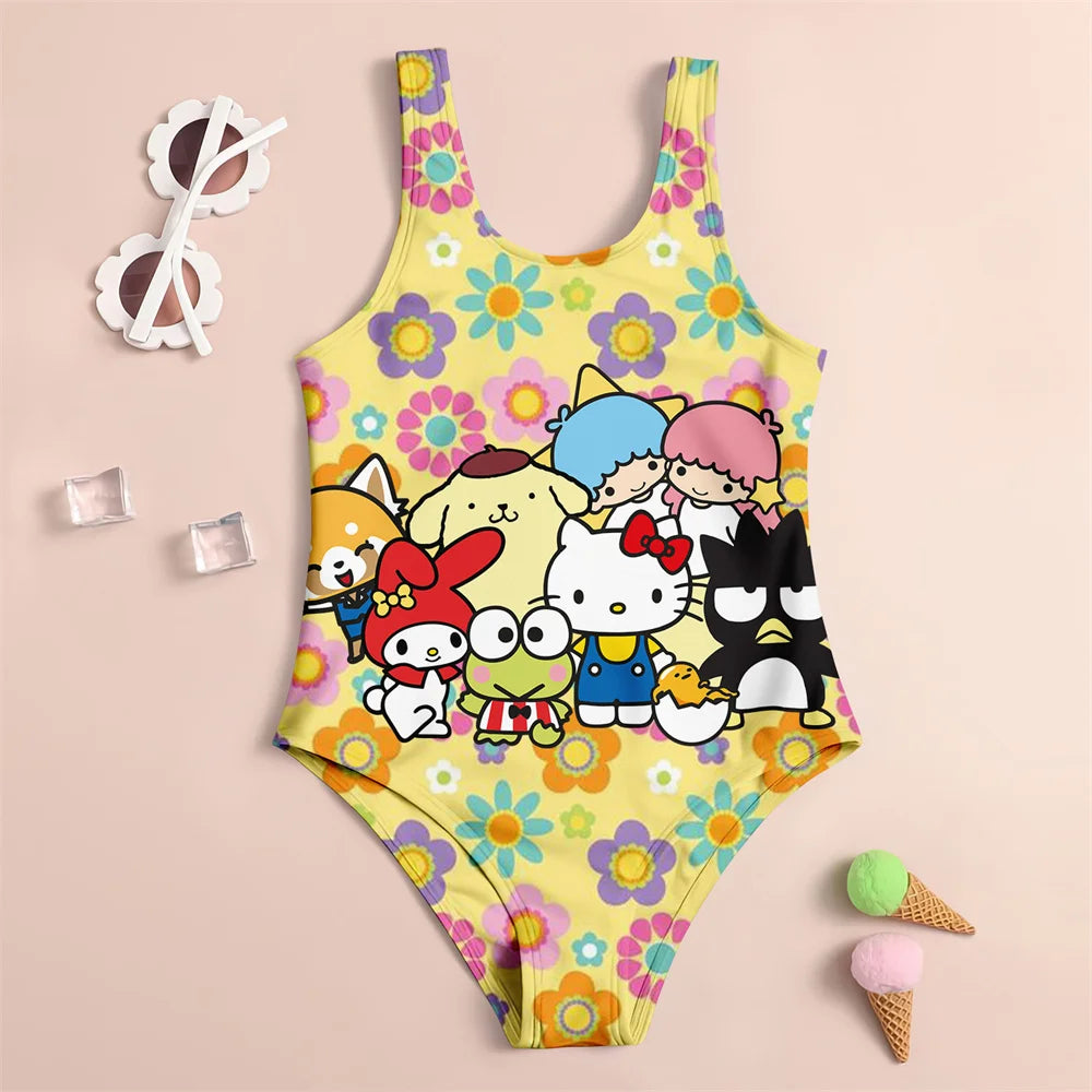 Colorful children's swimsuit with cartoon characters on a pink background