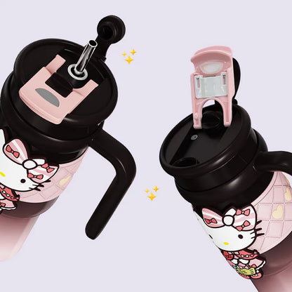 Two black and pink water bottles with Hello Kitty design on a light purple background