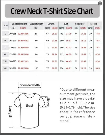 Crew neck t-shirt size chart with measurements and a diagram of a t-shirt.