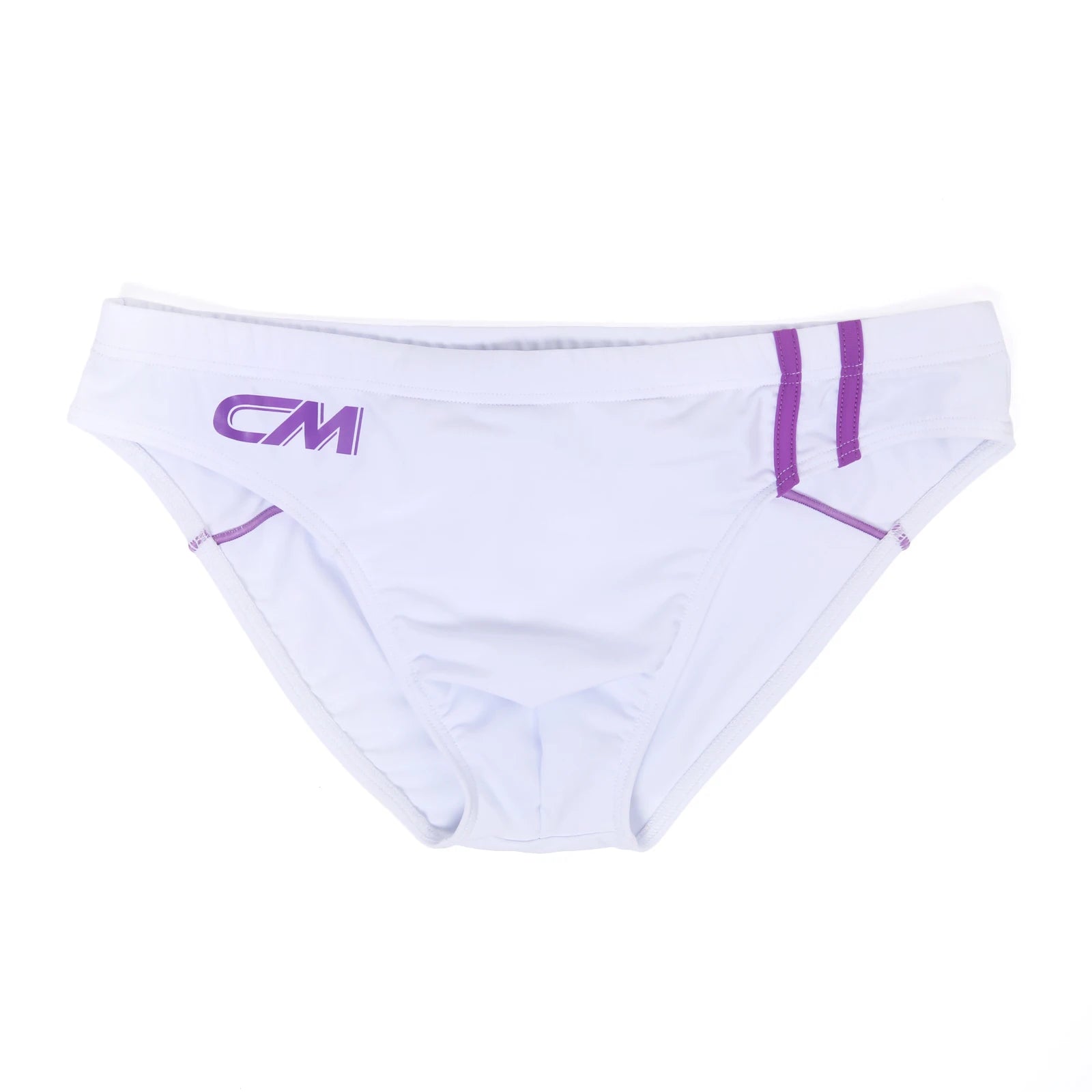 White underwear with purple accents and a logo on a white background