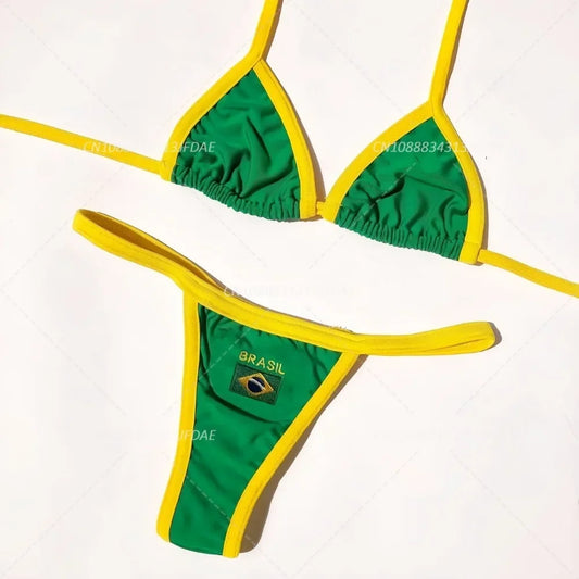 Green and yellow bikini set with 'Brasil' text on a white background