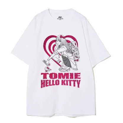 White t-shirt with 'Tomie Hello Kitty' graphic design on a white background