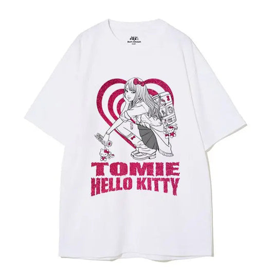 White t-shirt with 'Tomie Hello Kitty' graphic design on a white background