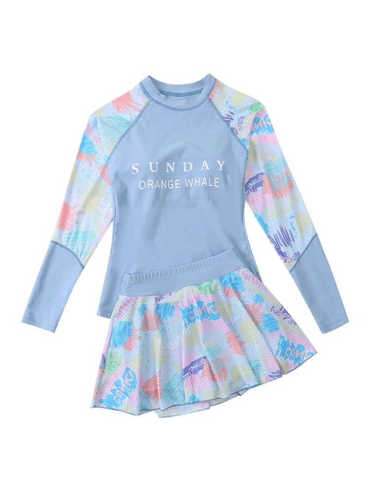 Children's two-piece swimsuit with colorful design and text on a white background