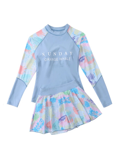 Children's two-piece swimsuit with colorful design and text on a white background