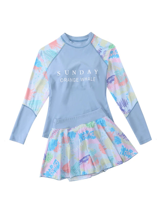 Children's two-piece swimsuit with colorful design and text on a white background