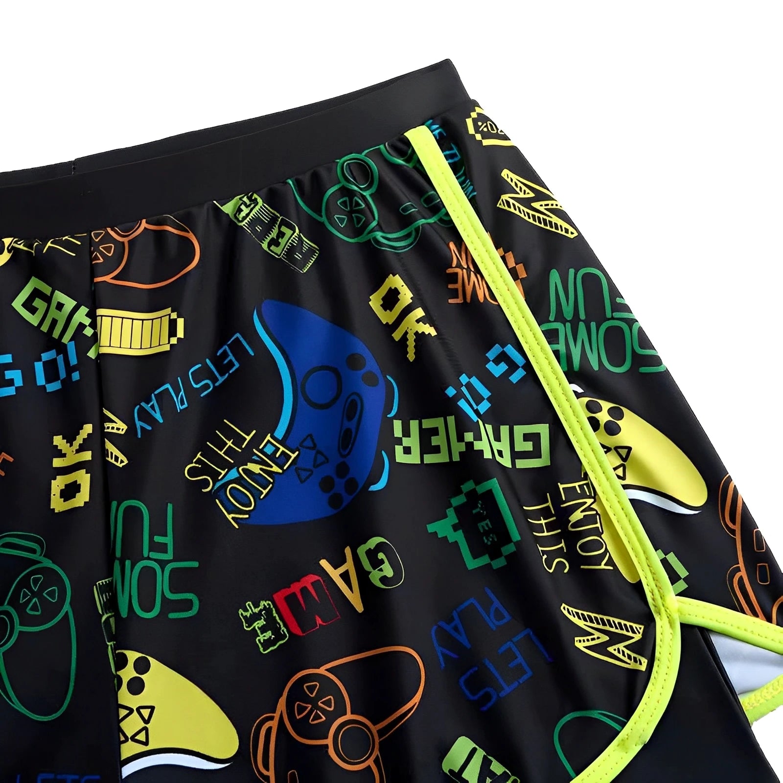Black shorts with colorful gaming-themed graphics on a white background