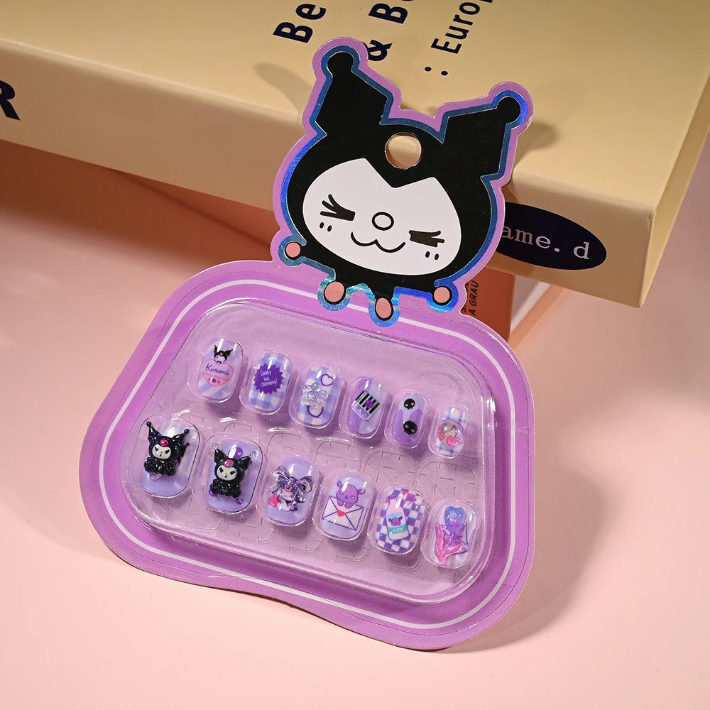 Set of nail art stickers in a purple case with a cartoon character on a pink background