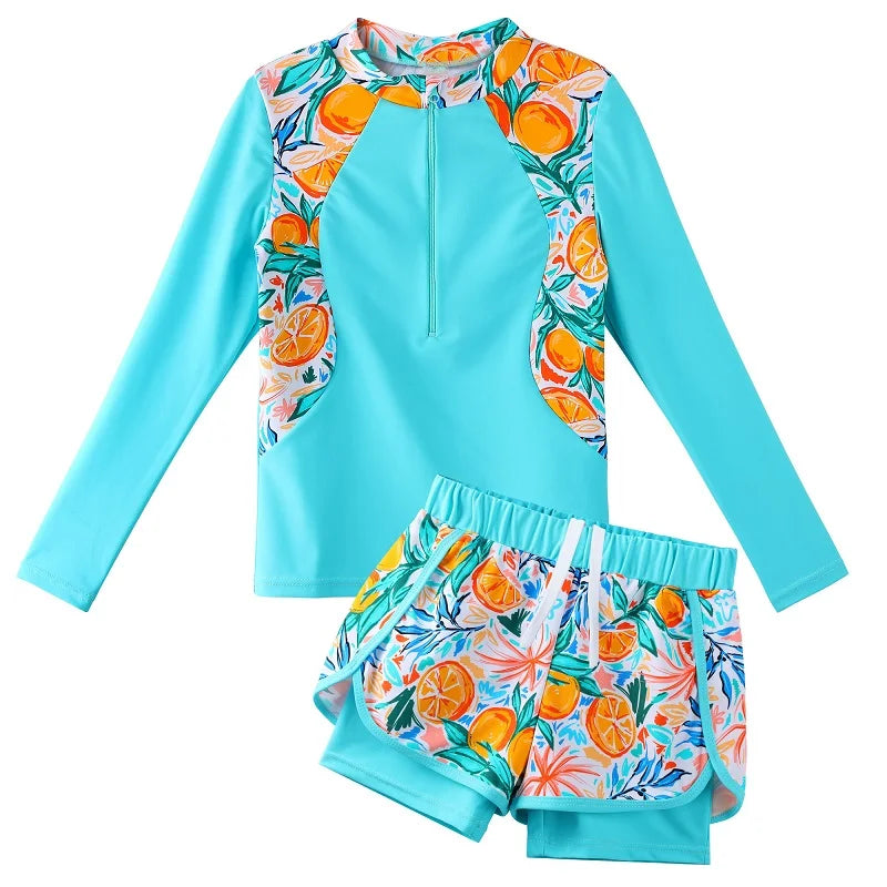 Two-piece swimsuit with orange and floral pattern on a white background