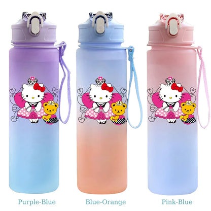 Three colorful water bottles with cartoon character design on a white background
