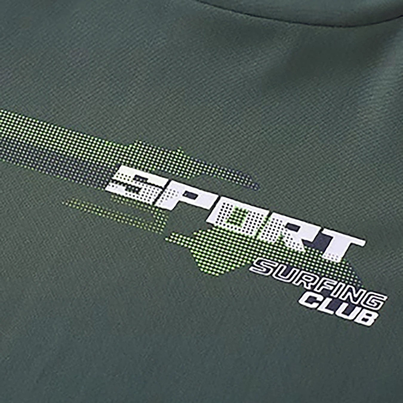 Green shirt with 'Sport Surfing Club' text and design on a white background
